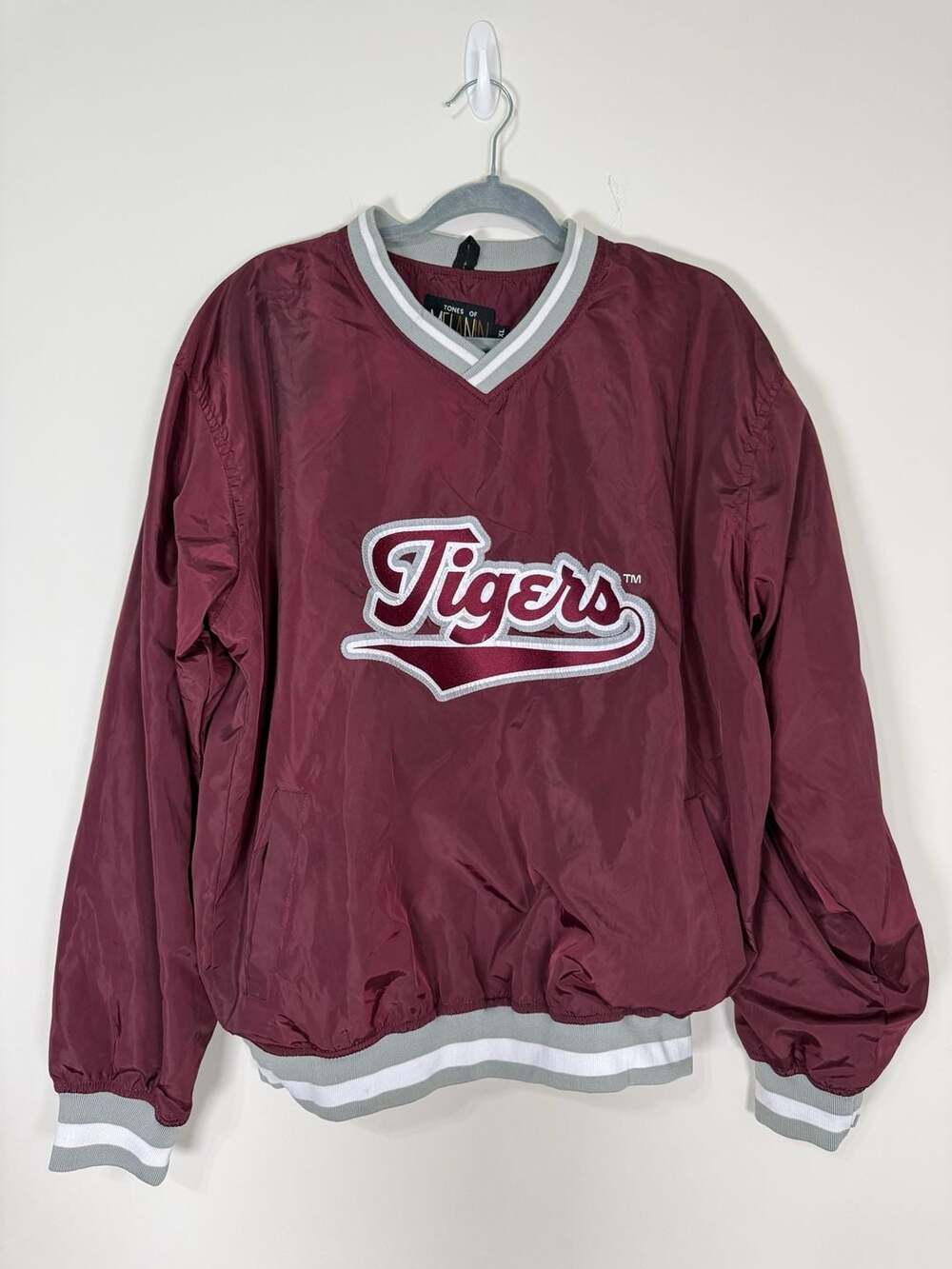 Tones of Melanin Tigers Varsity Pullover Windbreaker Jacket Maroon V Neck XL